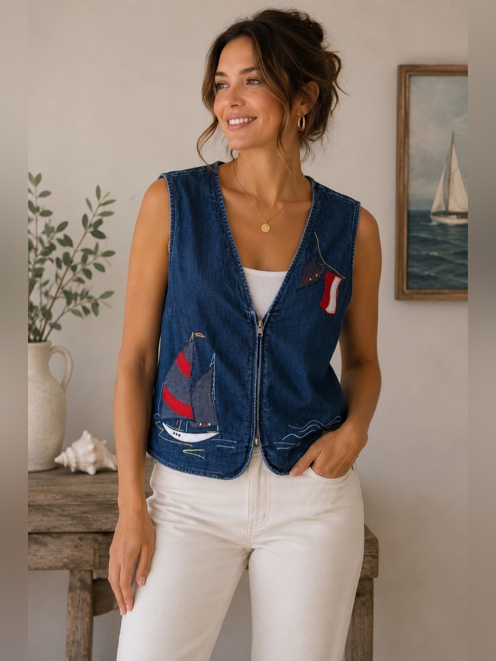 Alia Denim Vest with Red and Blue Sailboat Design Size 14P Cottagecore Nautical
